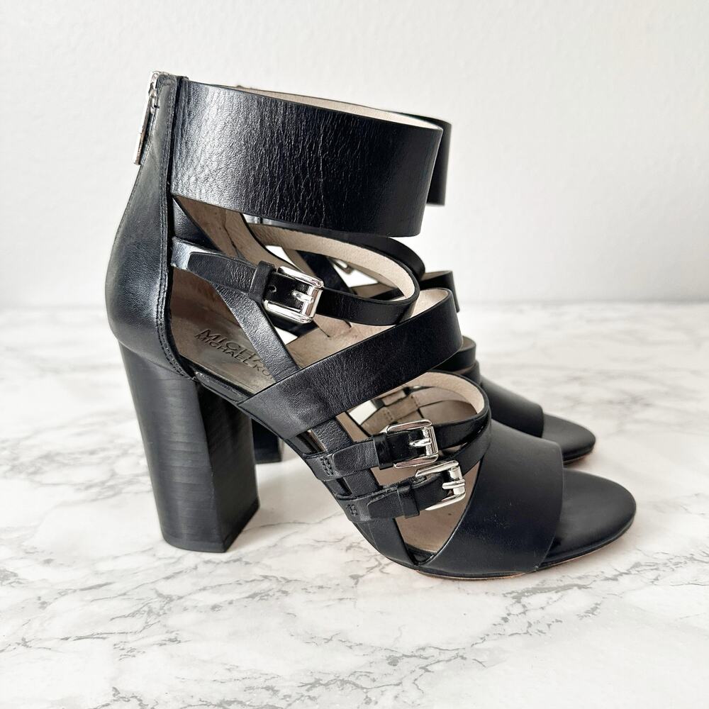 Michael Kors Black Leather Strappy Heeled Ankle Sandal Women’s Size 6.5 Winston